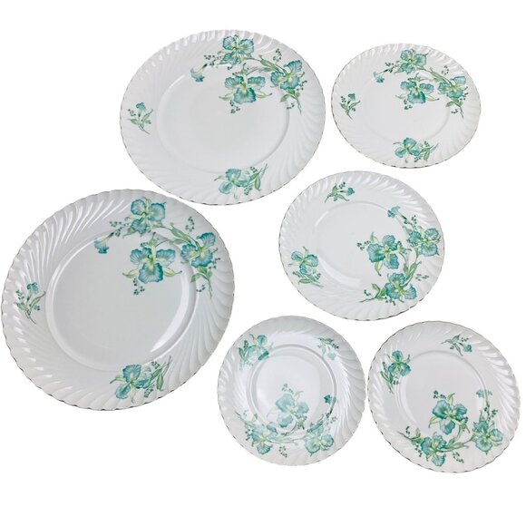 Vintage 1940s Royal Tettau Germany MCM Blue Iris Pattern Silver Trim Plate Set - Picture 1 of 11